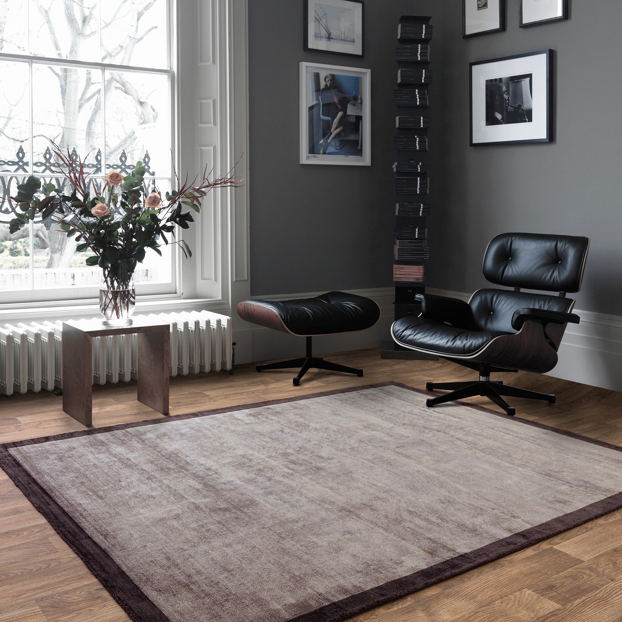 Hand Woven Viscose Rug with Border in Charcoal and Moleskin